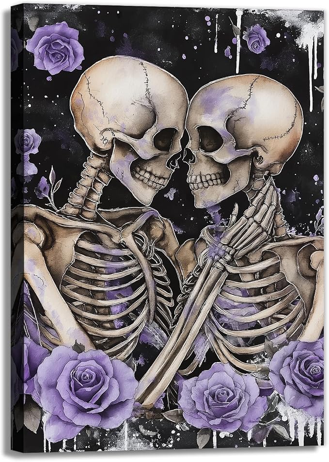 OAAPITI Skull Canvas Wall Art Couple Skeleton Holding Each Other Picture Art Poster Abstract Lover Painting Modern Artwork Horrible Halloween Decor(Artwork-2,12″x18″)