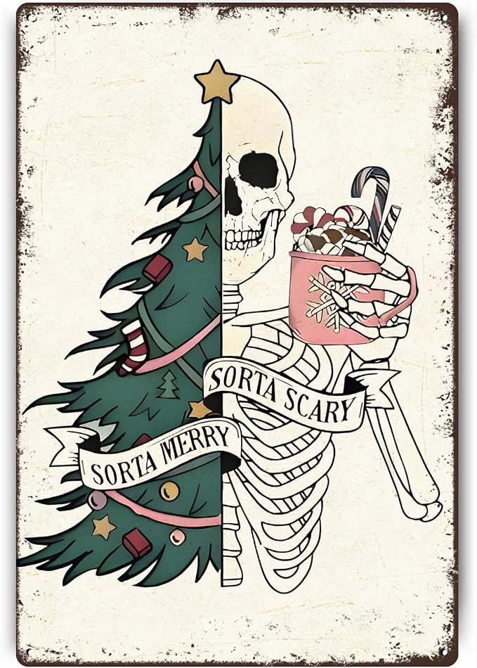 Znzd Funny Christmas Skull Decor,90s Goth Christmas Decor,Sorta Merry,Sorta Scary Skeleton Tin Signs for Man Cave Bar Bathroom Skeleton Wall Decor 8x12 Inch - skeleton