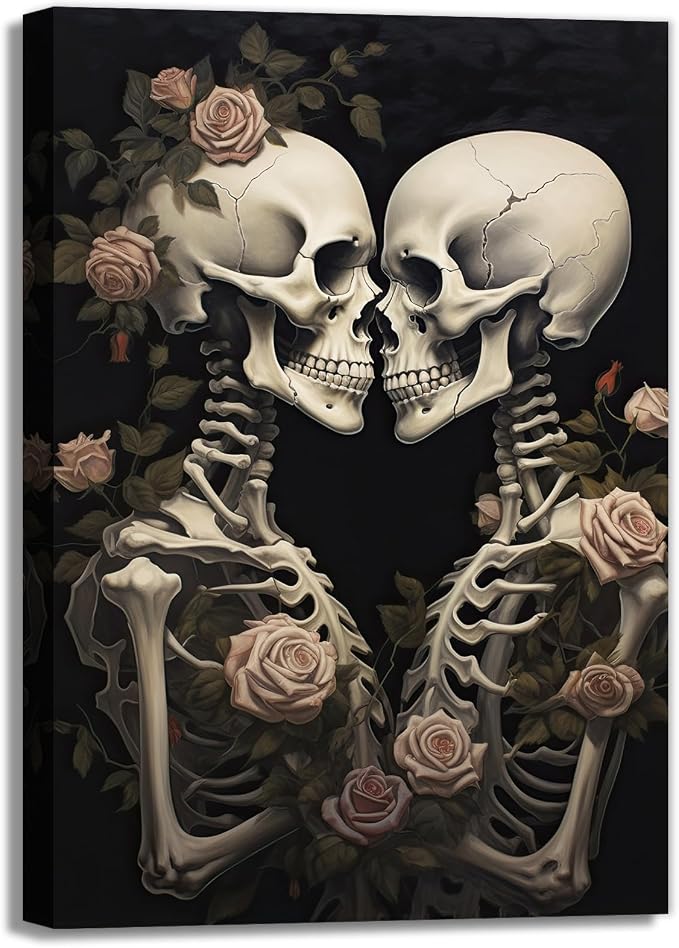 OAAPITI Vintage Skeleton Canvas Wall Art Gothic Painting Artwork Retro Rose Skull Art Poster Abstract Romantic Theme Picture Halloween Living Room Decor(Artwork-4,12"x18") - skull painting