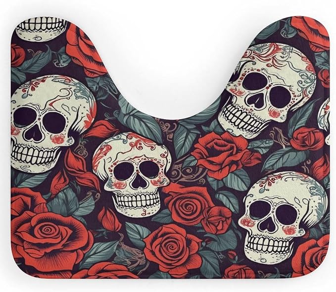 Microfiber Bathroom Rugs,Sugar Skulls and Red Roses Print U-Shaped Floor Mat,Absorbent Soft Carpet Floor Mats,Non-Slip Plush Carpet