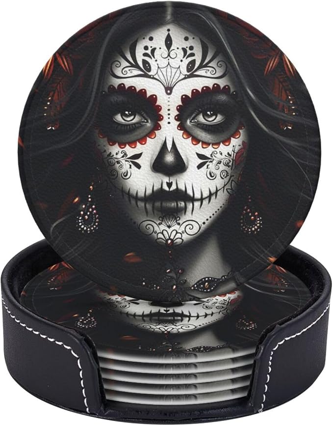 Sugar Skull Coasters with Holder Leather Coasters for Drinks Set of 6 Funny Halloween Drink Coasters Sets for Living Room Kitchen Coffee Bar Holiday Decor