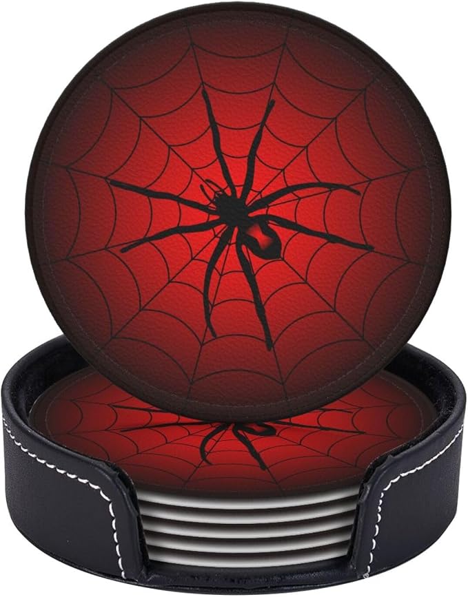 Spider Coasters for Drinks with Holder Leather Coasters Set of 6 Cute Halloween Drink Coasters Sets for Living Room Kitchen Coffee Bar Table - skull coaster