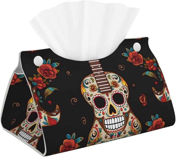 Tissue Box Cover Leather Tissue Box Holder Rectangular Facial Tissue Holder for Bathroom Modern Decorative Tissue Box Organizer Guitar Pepper Sugar Skull Car Tissue Holder for Home Office - skull toilet paper
