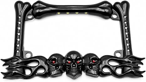 3D Skull Metal License Plate Frame with Amber Red LED Brake Turn Signals, White Plate Illumination, Universal Fit for All Motorcycle License Plates - skull plate