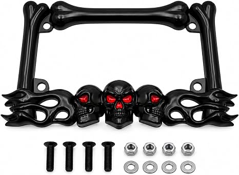 Black Die-Cast Metal Skull License Plate Frame, Heavy Duty Matte Finish, Universal Fitment for All Motorcycles, Custom Biker Exterior Accessory