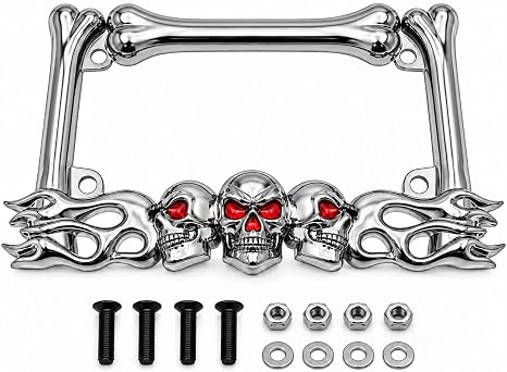 Chrome Die-Cast Metal Skull License Plate Frame, Heavy Duty Decorative Trim, Universal Fit for All Motorcycle License Plates and Custom Bike Builds - skull plate