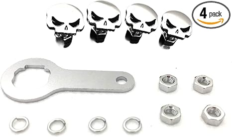 License Plate Fasteners Chrome Skull Retainer Nuts/Screws Mounting Hardware (Wrench Lockwasher Nut and 1/4 inch Screw) Compatible with Universal Motorcycle Bikes - skull plate