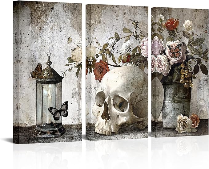 Biuteawal Large 3 Pieces Skull Canvas Wall Art Vintage Skull with Flowers Painting Wall Decor Halloween Day Poster Prints for Home Office Living Room Decor Ready to Hang