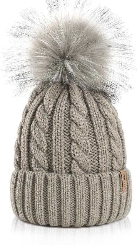FURTALK Winter Beanie Knit Hat for Women Warm Fleece Lined with Faux Fur Pom Poms Womens Thick Ski Hats Knitted Skull Cap - skull hat