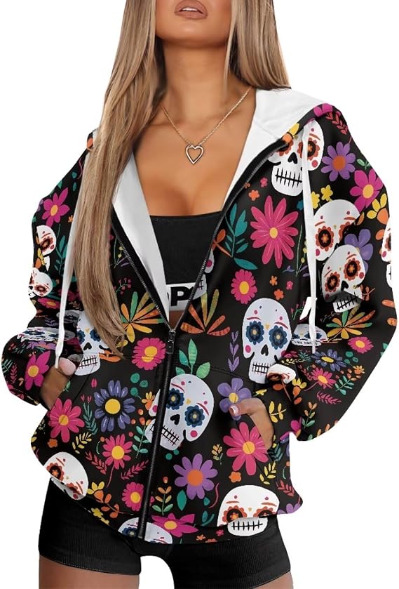 Womens Oversized Hoodie with Zipper Pockets Hooded Gradient Sweatshirt Women Zip Up Sweater Women Size XS-4XL - sugar skull dress