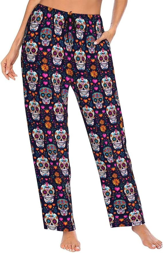 Women Comfy Pajama Pants Stretch Sleepwear Lounge Pants With Pockets & Drawstring - skull pajamas