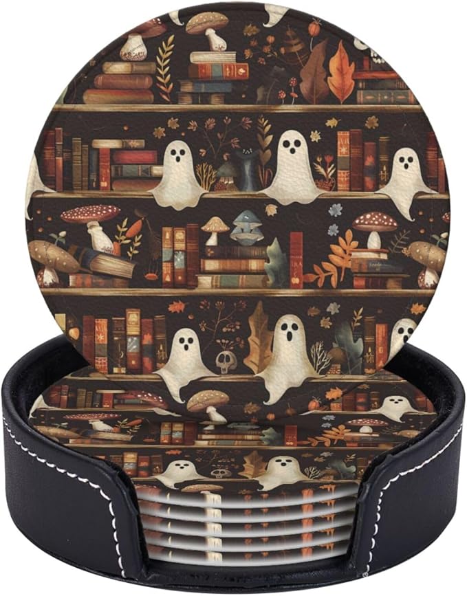 6 Pcs Vintage Halloween Mushrooms Ghost Leather Coasters for Drinks with Holder Round Mug Mat Table Desk Coasters Set Cup Coasters for Living Room Kitchen Coffee Decor - skull coaster