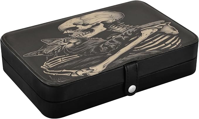 senya Skull Leather Jewelry Box, Cat and Skeleton Skull Necklace Ring Earrings Storage Organizer for Women Travel Jewelry Organizer - skull suitcase