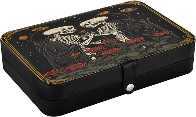 senya Skull Leather Jewelry Box, Skeleton Red Roses Vintage Necklace Ring Earrings Storage Organizer for Women Travel Jewelry Organizer