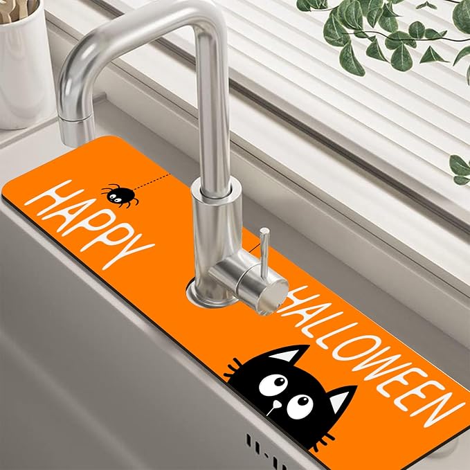 Halloween Cute Black Cat Kitchen Sink Splash Guard Mat Absorbent Fast Drying Mat Faucet Draining Mat Sink Splash Guard Behind Faucet Drip Catcher for Kitchen Bathroom 5.5"×24" - skull toilet mat