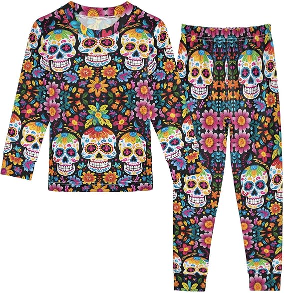ALAZA Sugar Skull Day Of Dead Pajama Set Pijamas Para Niños Long Sleeve Sleepwear - skull pajamas
