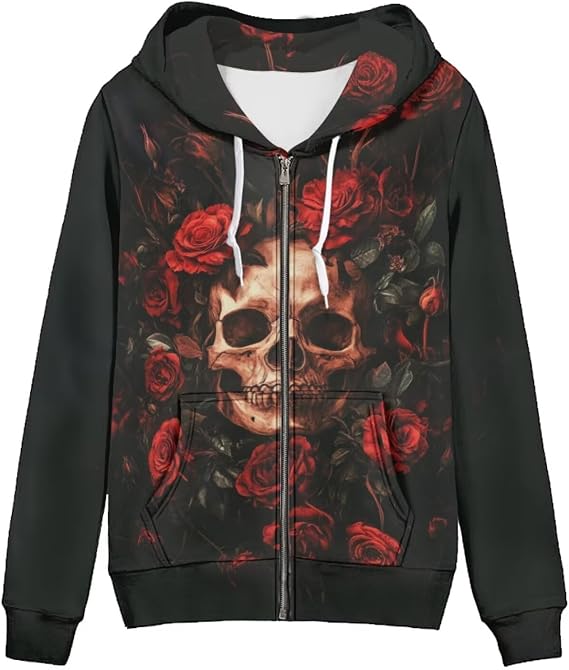 Women's Zip Up Long Sleeve Oversized Drawstring Hoodie Hooded Sweatshirt Pullover Top with Pockets - skull hoodie