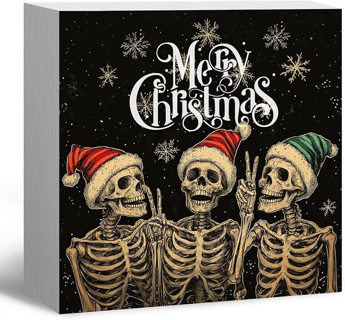 Gothic Christmas Decor, Funny Skeleton Santa Christmas Wooden Box Sign, FunnyChristmas Decorations, MerryChristmas Wood Signs for Home Office Desk Shelf Table Decor, 5x5 Inch - skeleton