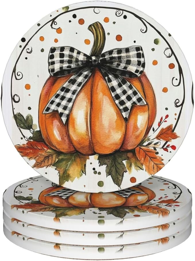 Autumn Bow Pumpkin Coasters for Drinks Fall Maple Leaves Absorbent Ceramic Coaster Set of 4 for Coffee Table Cup Bar Coasters with Cork Base Round Stone Mats Holiday New Home Decors - skull coaster