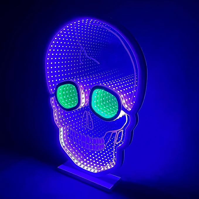 Skull Infinity Mirror Light with Stand – LED Lighted Halloween Decoration – USB-Powered – Spooky Skull 3D LED Infinity Light – Indoor Seasonal Decor for Tables or Windows – 11″ x 15″