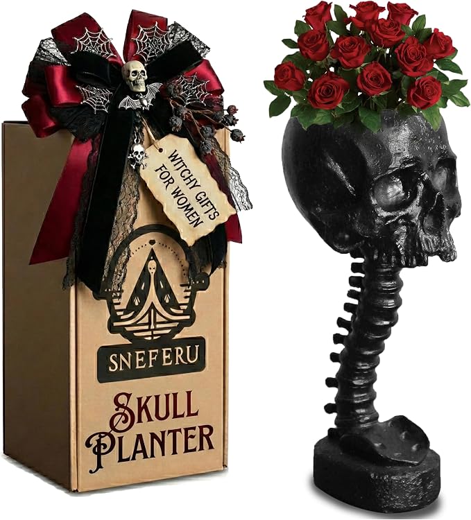 Skull Planter Spine Gothic Vase - Black Skull Candy Bowl, Horror 11.6" Halloween Flower Vase Goth Decor, Spooky Home Decor Skeleton Planter Pot, Candle Holder, Spooky Gifts For Women, Men, Girlfriend. - skull candle
