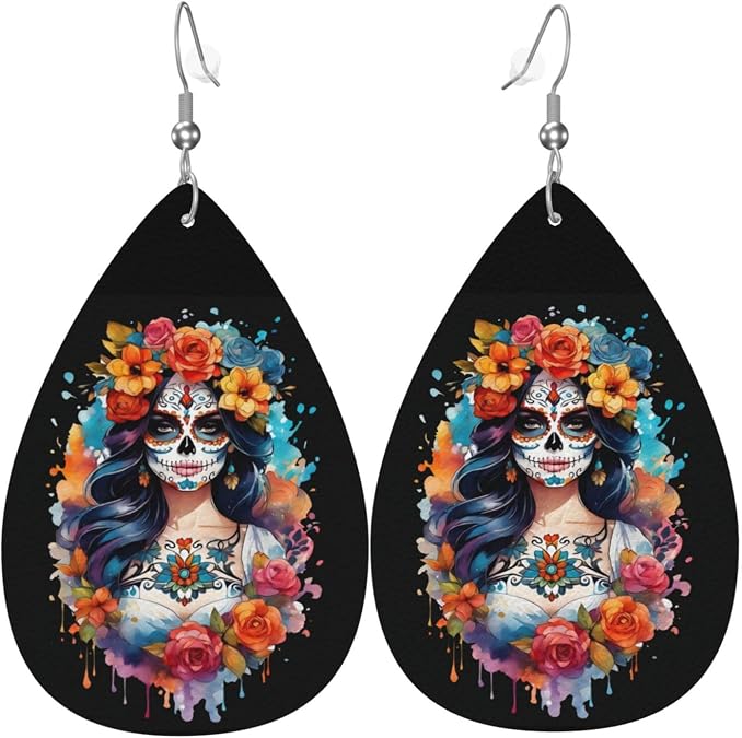 Fashion Art Leather Drop Earrings For Women, Double-sided Teardrop Earring, Leaf Dangle Drop Earrings, Art Earrings Jewelry For Beach Party Gift - skull plate