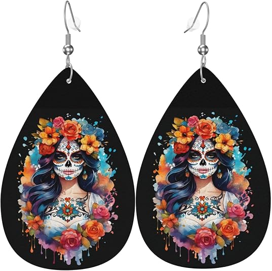Fashion Art Leather Drop Earrings For Women, Double-sided Teardrop Earring, Leaf Dangle Drop Earrings, Art Earrings Jewelry For Beach Party Gift - sugar skull dress