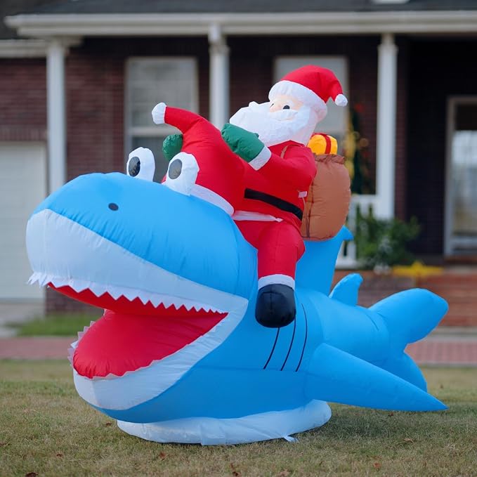 Christmas Inflatables Outdoor Decorations, 8.5 FT Funny Inflatable Santa Riding Shark, Christmas Blow Ups Yard Decor Outdoor Indoor Garden Lawn, Xmas Decor - skull inflatable