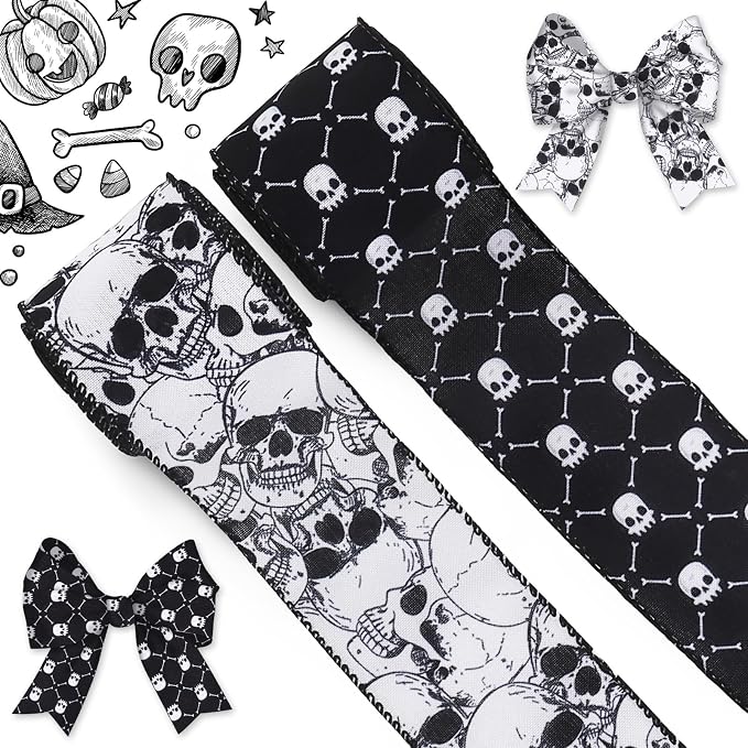 Halloween Skull Wired Edge Ribbon for Wreath Bow Making, Spooky Skeleton Burlap Ribbon for Halloween Wreaths, Gift Wrapping, Indoor Outdoor Party Decoration Supplies, 2.5″ x 5 Yards