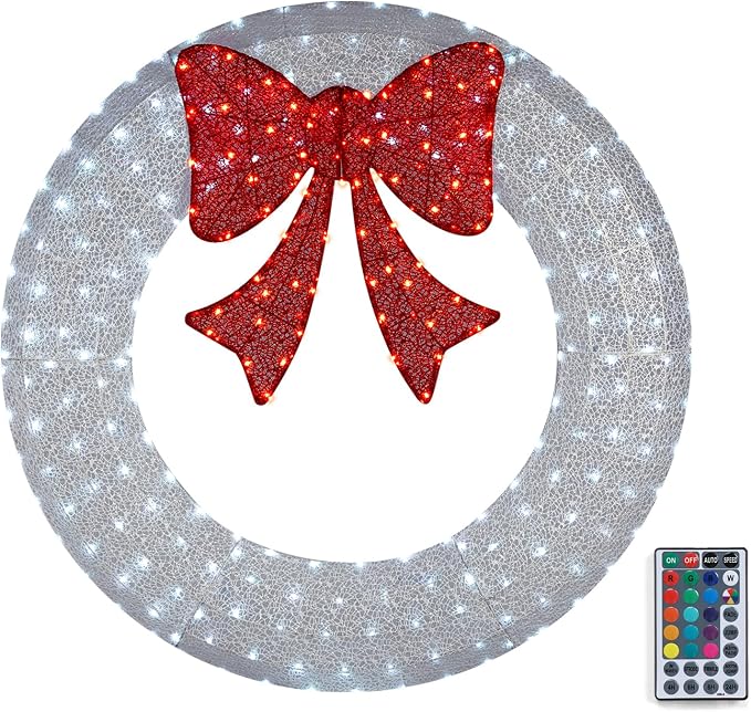 VINGLI 60 Inch Pre-lit Large Christmas Wreath with 400 LED Multi-Color Lights, Christmas Door Wreath for Garage, Outdoor Christmas Wreath with Red Bow, Timer Remote Control, Plug-in, White - skull wreath