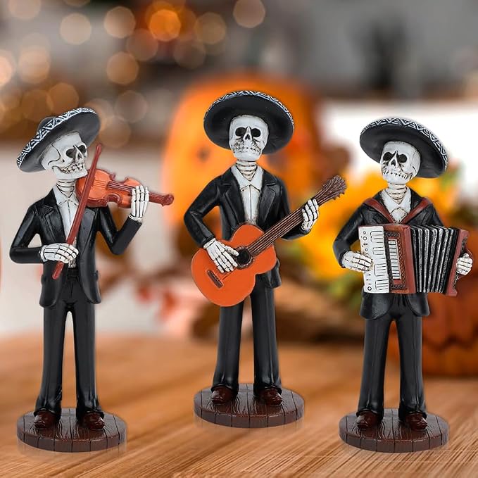 Day of The Dead Figurines Decorations Halloween Skeleton Skull Statue Mariachi Band, Realistic Collectible Folk Musician Players Ornament, Party Festive Indoor Decor (6.5Inch, 3PCS) - skull figurine