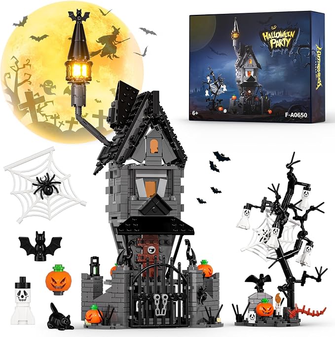 Halloween Haunted Mansion Building Set,Before Xmas Haunted House Building Blocks Set with Light, Glow-in-the-Dark Pumpkins and Skeleton Ghosts, Halloween Toys Gifts for Adults & Kids - skeleton