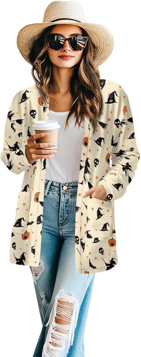Women's Long Sleeve Open Front Cardigan Casual Loose Fall Cardigans Lightweight Jacket Outwear Coat with Pockets - skull jacket