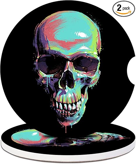 2 Pack Halloween Skeleton Car Cup Holder Coasters - Skull Head Absorbent Ceramic Coaster, Car Coasters for Cup Holders, Car Interior Accessories for Women Men - skull coaster
