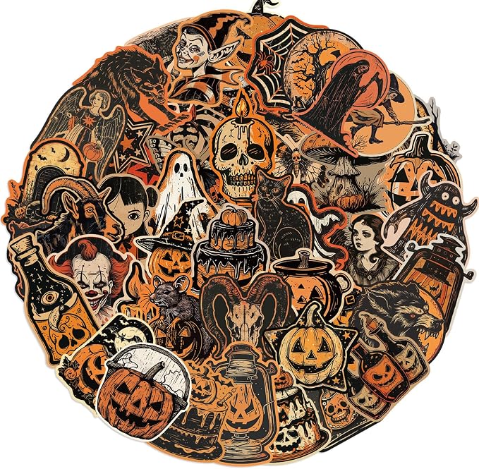 50pcs Retro Halloween Stickers,Horrible Pumpkin Theme Stickers Gothic Style Vinyl Waterproof Holiday Party Stickers, Teens and Youth Adult Party Favors Gifts - skull sticker