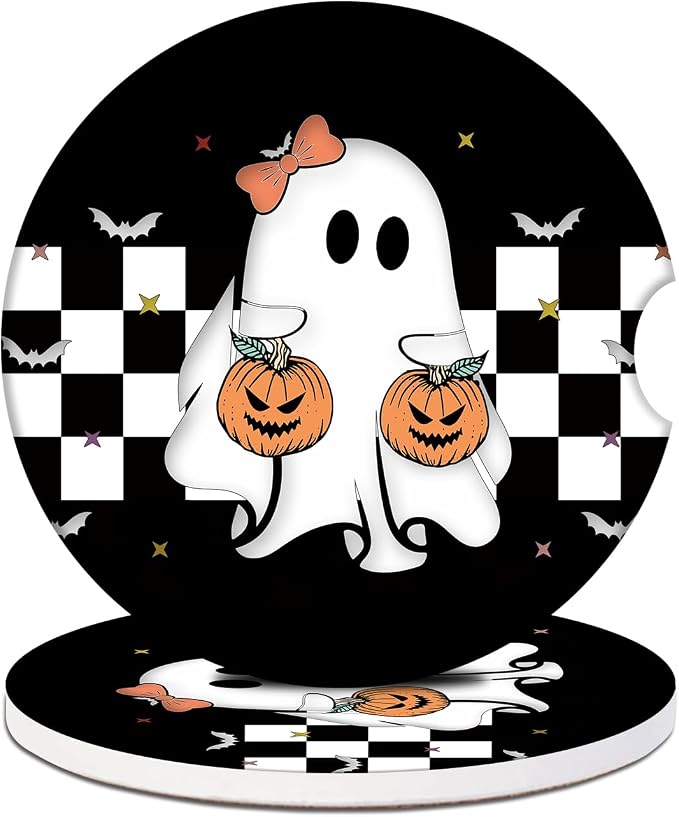 2 Pack Car Cup Holder Coasters - Halloween Ghost Pumpkin Absorbent Ceramic Coaster, Car Coasters for Cup Holders, Car Interior Accessories for Women Men - skull coaster