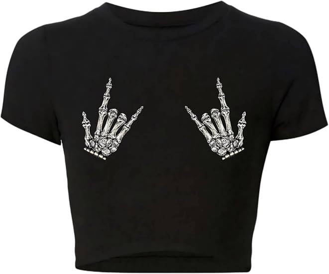 vblane Cute Graphic Crop Tops for Women Trendy Y2K Baby Tee Short Sleeve Slim Fit Shirts - skull tshirt