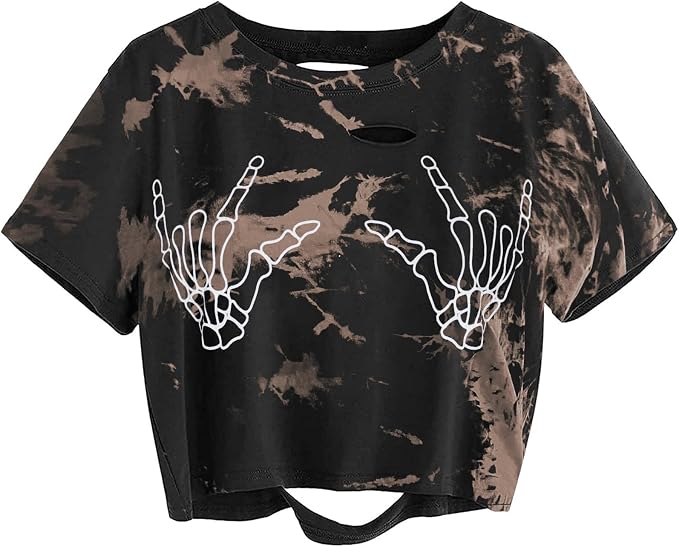 Avanova Women Skull Finger Graphic Distressed Tee Shirt Ripped Short Sleeve Crop Tops - skull leggings