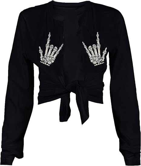 vblane Sexy Tie Front Crop Top for Women Long Sleeve Graphic Tee Shirt Clubwear - skull tshirt