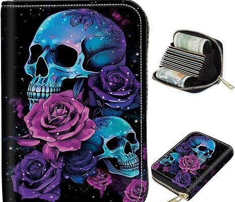 Cute Credit Card Holder with Zipper, Neon Sugar Skull RFID-Blocking Card Case Small Wallet for Women Men, Multi-slot Card Organizer Case Travel Accordion Wallet