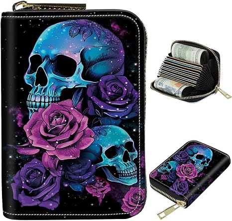 Cute Credit Card Holder with Zipper, Neon Sugar Skull RFID-Blocking Card Case Small Wallet for Women Men, Multi-slot Card Organizer Case Travel Accordion Wallet