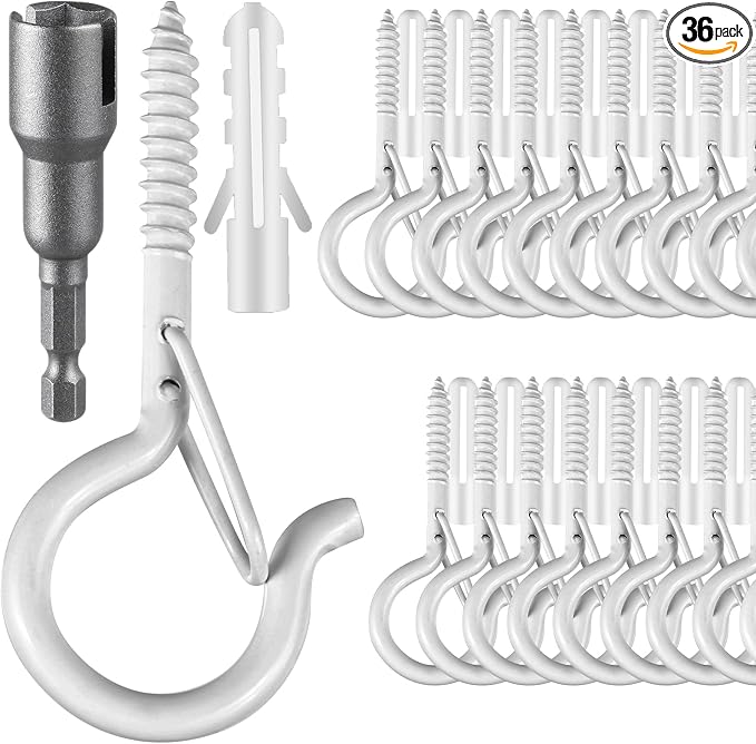 FSAH 36 PCS Q-Hanger Hooks with Safety Buckle, Windproof Screw Hooks - string light