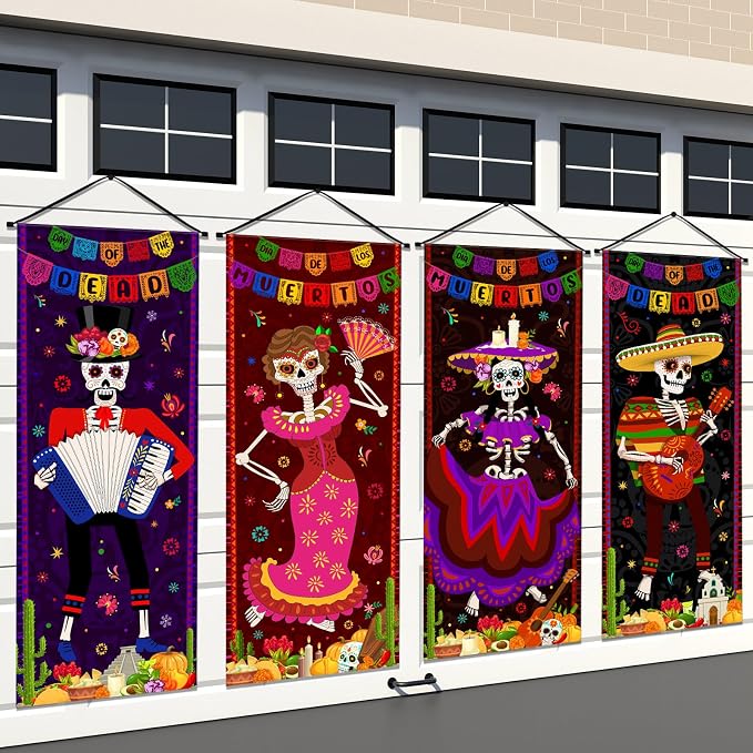Panelee 4 Pcs Day of The Dead Porch Banner Decoration - skull door mat