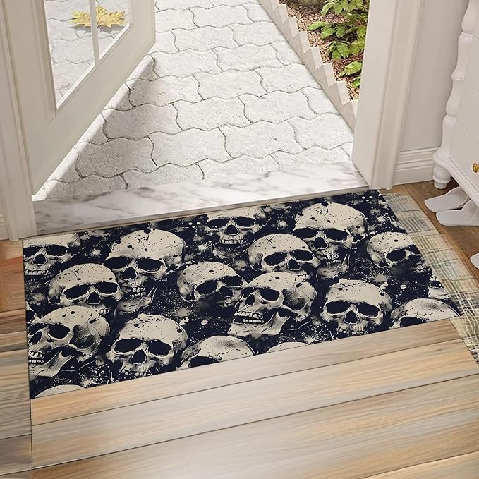 Skull Front Door Mat Outside Entrance, Indoor Door Mat, 17x29.5 in,Non-Woven Fabrics Non Slip Floor Doormat, Welcome Mats Entryway Rug Doormats for Kitchen Bedroom Living Room Decor Gifts - skull floor mat