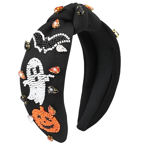 Halloween Jeweled Headbands for Women Beaded Pumpkin Ghost Bat Headband Sparkly Rhinestone Knotted Headband Cute Halloween Costume Headpiece Hair Accessories