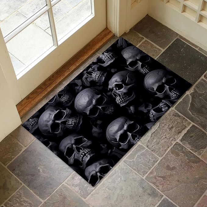 Gothic Skull Pattern Indoor Door Mat for Entryway, 17x29.5 Inch, Dark Skull Floor Doormat for Home Decor, Non-Slip Rug Mat for Living Room, Kitchen, Bedroom, Gifts for Skull Lovers - skull floor mat
