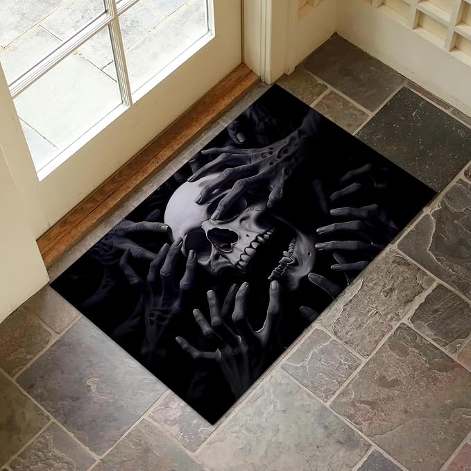 Dark Skull and Hands Indoor Door Mat for Entryway, 17x29.5 Inch, Gothic Horror Floor Doormat for Home Decor, Non-Slip Rug Mat for Living Room, Kitchen, Bedroom, Gifts for Halloween Lovers - skull floor mat