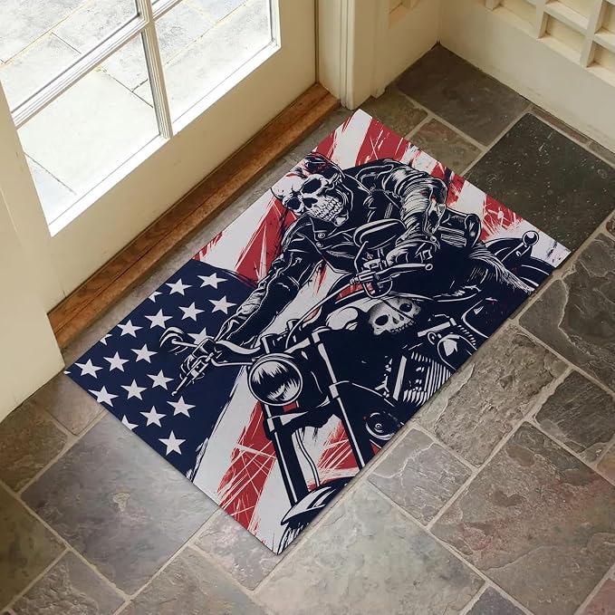 Patriotic Skull Motorcycle Indoor Door Mat for Entryway, 17x29.5 Inch, American Flag Floor Doormat for Home Decor, Non-Slip Rug Mat for Living Room, Kitchen, Bedroom, Gifts for Biker Lovers - skull floor mat