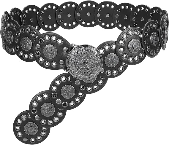 WHIPPY Western Belts for Women Vintage Disc Waist Belts Concho Leather Belts Boho Waist Belt for Dress Jeans - skull wallet