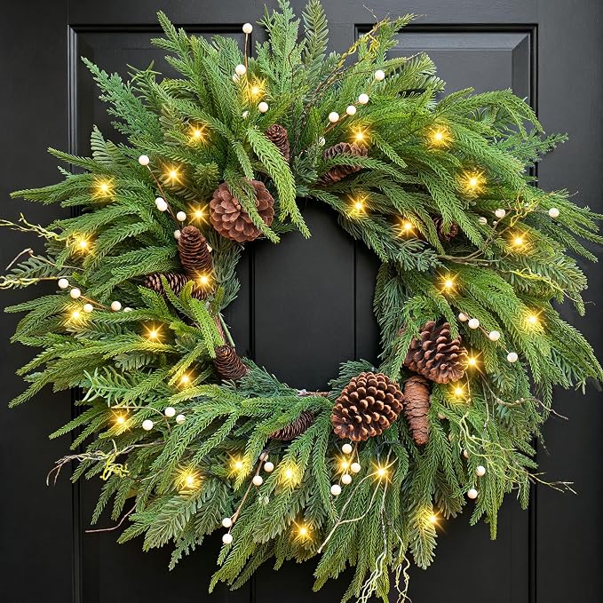 Pre Lit Christmas Wreaths for Front Door 24 Inch Green Norfolk Pine Wreath - skull wreath